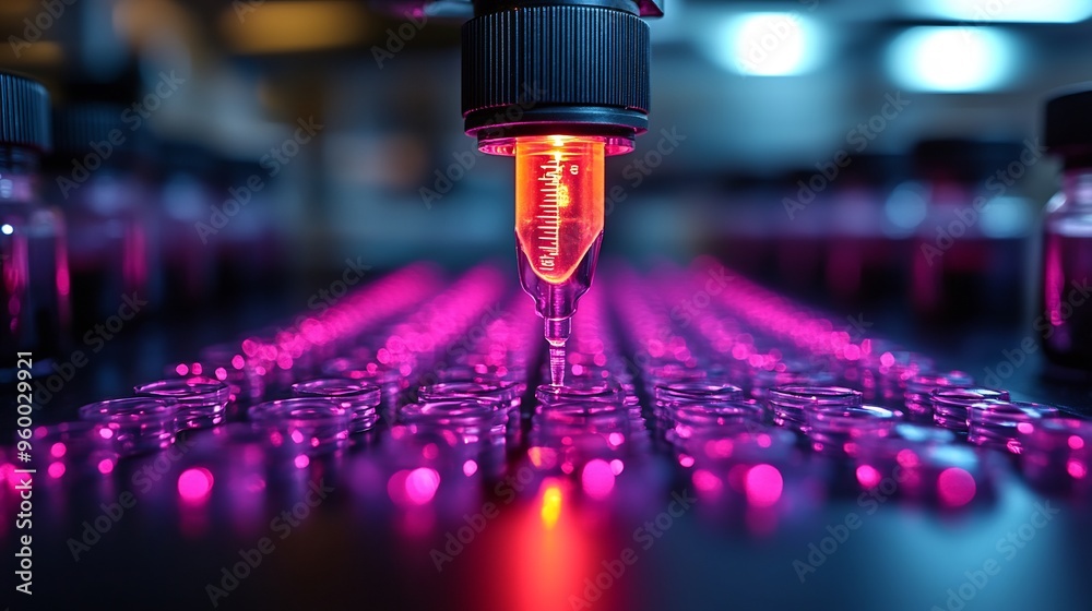 Closeup of a biochip array with microfluidic channels used for ...