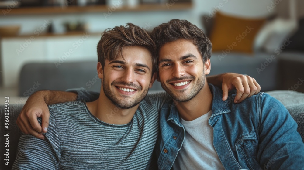 Young Men Smiling in Cozy Living Room Young Men Smiling in Cozy Living Room