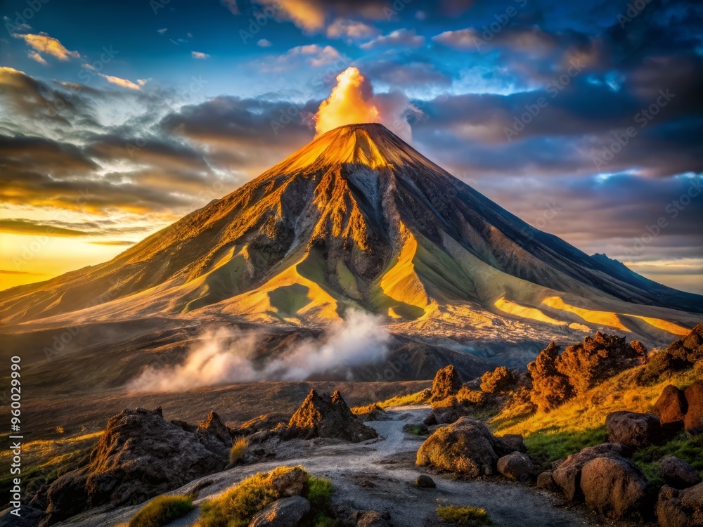 Fototapeta premium A dramatic low-angle shot of a dormant volcano, with its rugged terrain and rocky outcrops illuminated by a burst of golden light, and a few tendrils of mist curling around the base.
