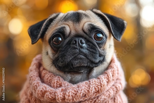 whimsical pug portrait adorable dog in pastel crochet sweater tilted head expression soft focus natural backdrop with bokeh evoking cozy autumn vibes and playful charm