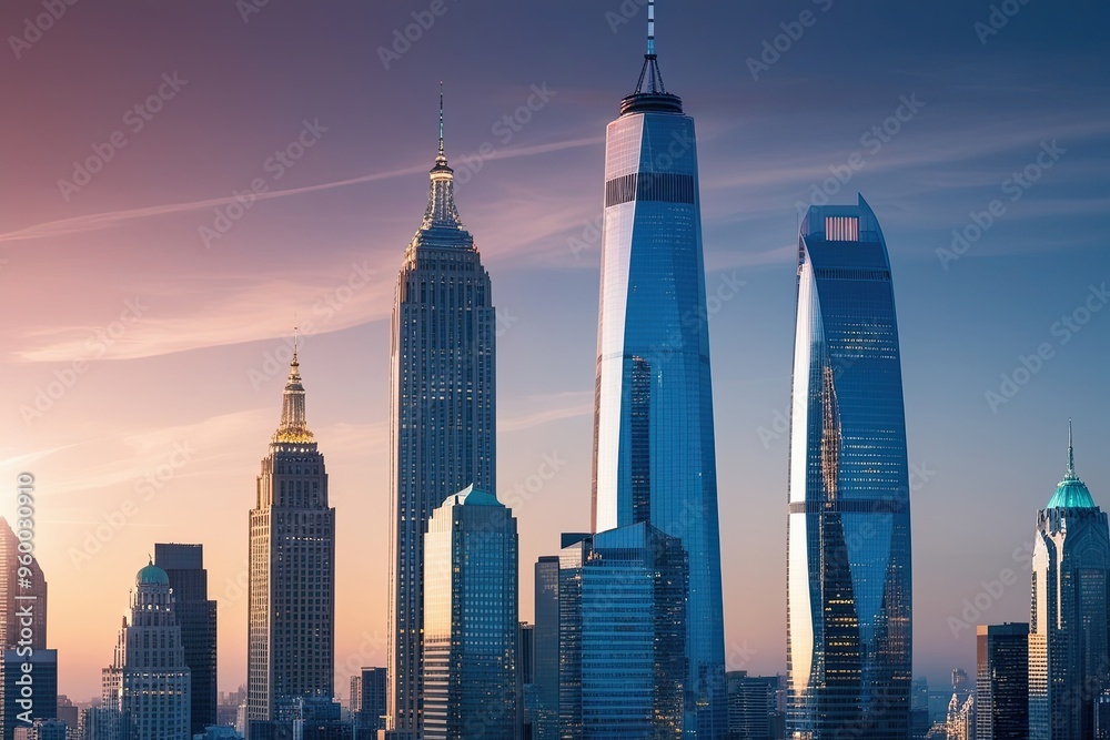 Fototapeta premium Iconic Skyscrapers in Modern Digital Cityscape for Corporate Brochures and Promotional Marketing