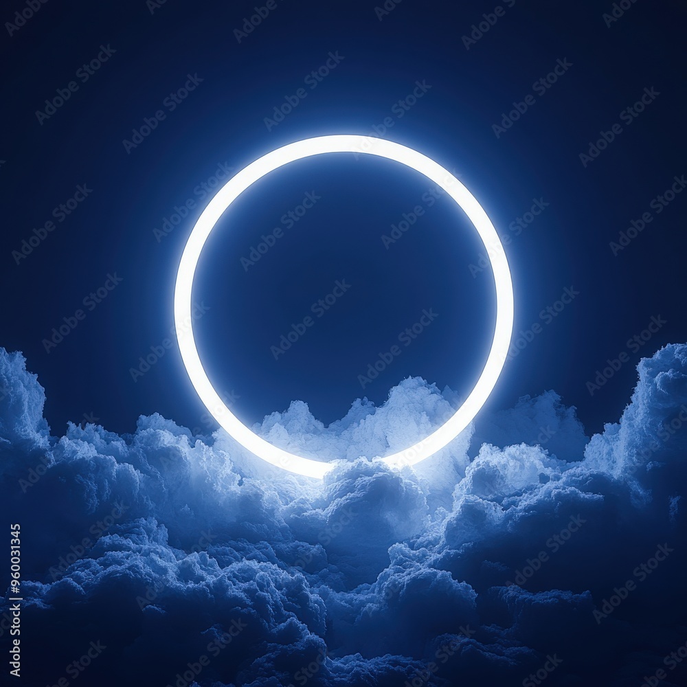 Obraz premium Neon Ring in Stormy Clouds Futuristic Night Sky