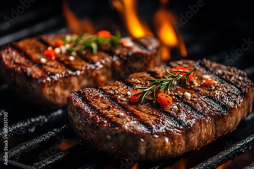 Two juicy steaks on a hot grill with flames visible. photo