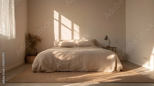 Serene and Calming Minimalist Bedroom Interior with Neutral Toned Bedding Light Wood Flooring and a Cozy Reading Lamp Providing Soft Illumination for a Relaxing Atmosphere