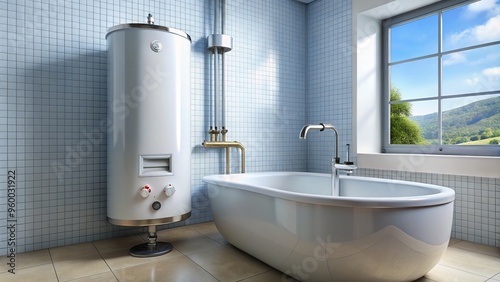 A stylish drop-in water heater fits snugly into the bathroom tub, delivering hot water with ease, complete with photo