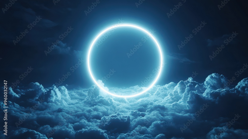 Neon Ring in Stormy Clouds Futuristic Night Sky