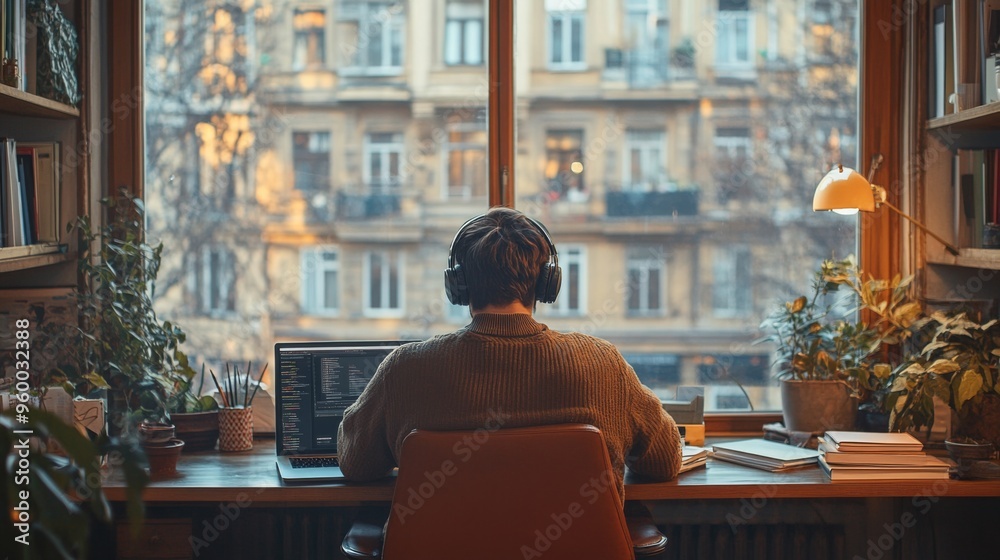 Person Working Remotely in Cozy Home Office Person Working Remotely in Cozy Home Office