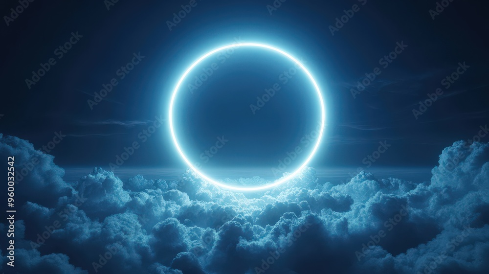 Neon Ring in Stormy Clouds Futuristic Night Sky Neon Ring in Stormy Clouds Futuristic Night Sky