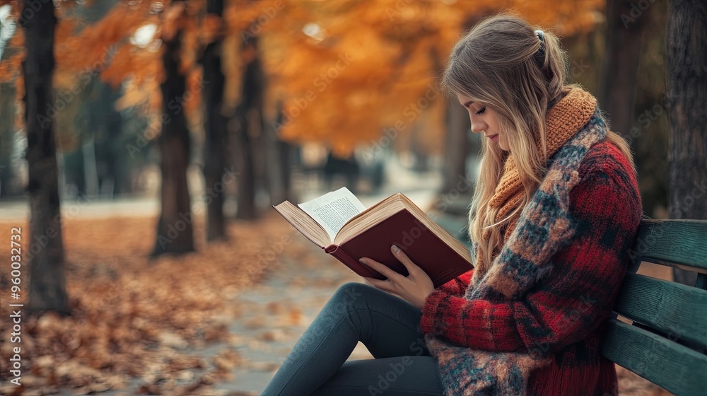 Obraz premium Girl reading a book in an autumn park on a bench