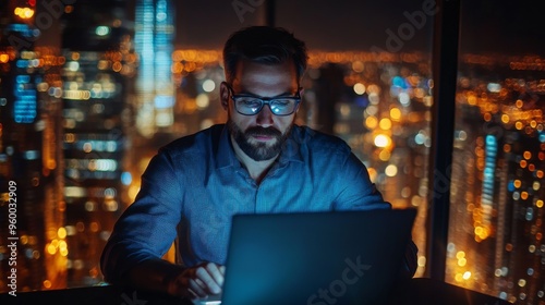 Businessman Working Late at Night