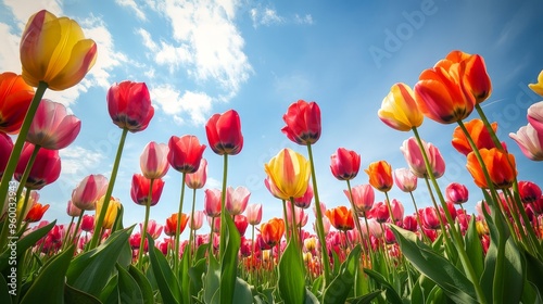 A field of tulips in full bloom stretches towards the sky, each flower standing tall, creating a vast, colorful expanse that is both breathtaking and serene