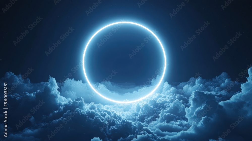 Neon Ring in Stormy Clouds Futuristic Night Sky Neon Ring in Stormy Clouds Futuristic Night Sky