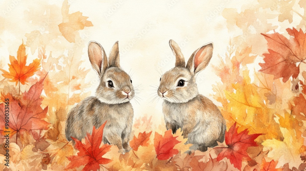 Two Bunnies in Autumn Foliage Two Bunnies in Autumn Foliage