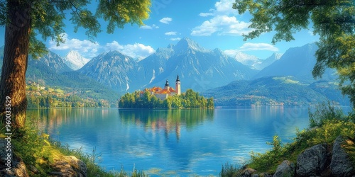 Picturesque Church on a Tranquil Island Lake Surrounded by Majestic Mountains photo