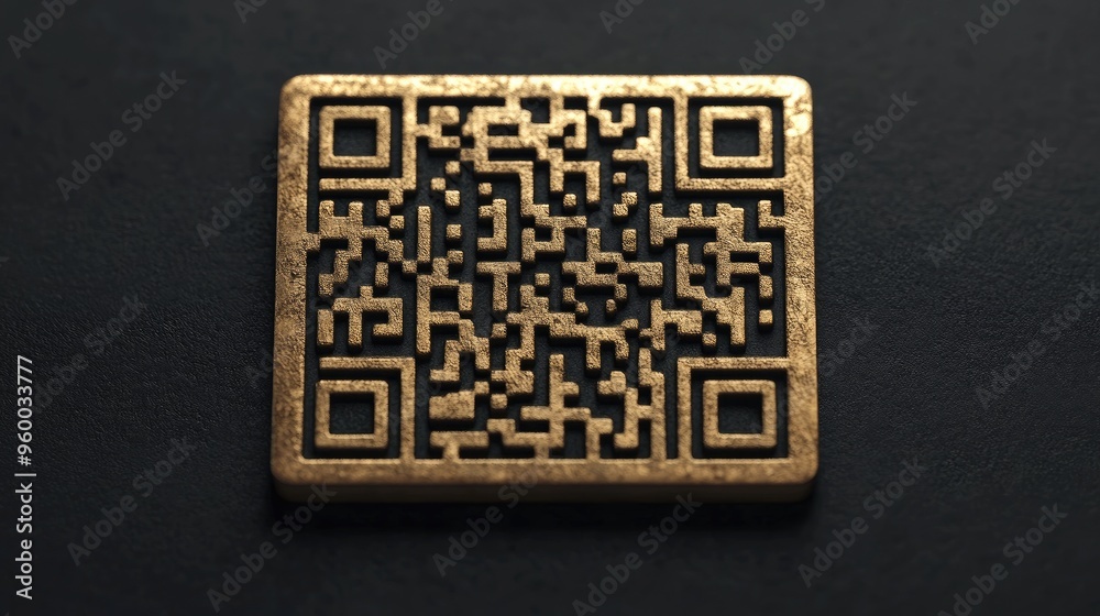 Golden qr code resting on a black surface Golden qr code resting on a black surface