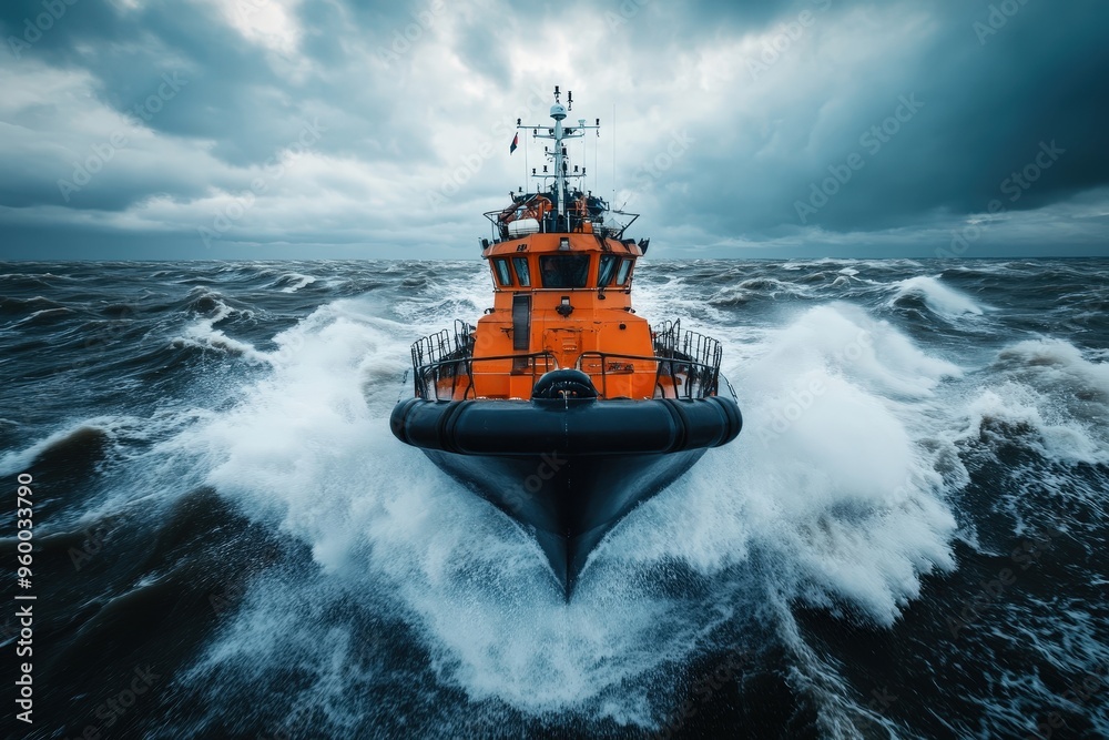An intense image capturing a lifeboat from the front, navigating through rough and turbulent ocean waves, depicting the harsh and challenging nature of sea rescues. An intense image capturing a lifeboat from the front, navigating through rough and turbulent ocean waves, depicting the harsh and challenging nature of sea rescues.