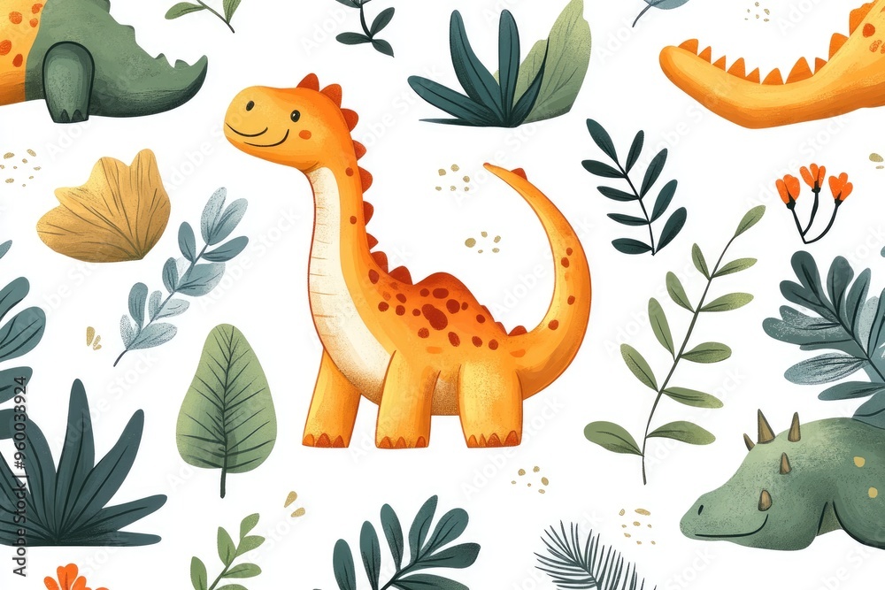 Orange brachiosaurus dinosaur smiling surrounded by green plants and flowers Orange brachiosaurus dinosaur smiling surrounded by green plants and flowers
