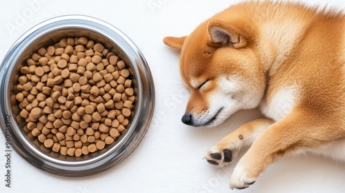 A cute brown Shiba Inu lies next to two bowls of green peas, surrounded by fresh herbs on a clean white surface, creating a calm and inviting atmosphere