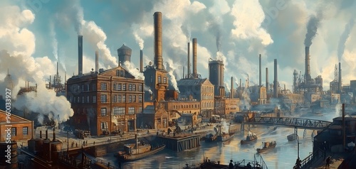 Industrial cityscape with old factories and smokestacks, representing the industrial revolution era and bustling economic activity.