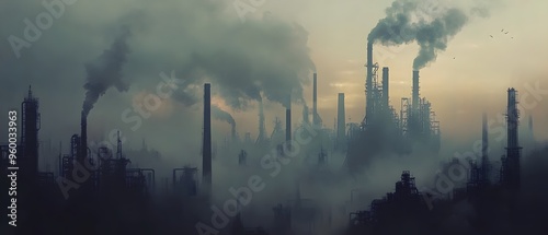 Industrial factories emitting smoke at dusk, creating a pollution-filled skyline, emphasizing the impact of industrialization on the environment.