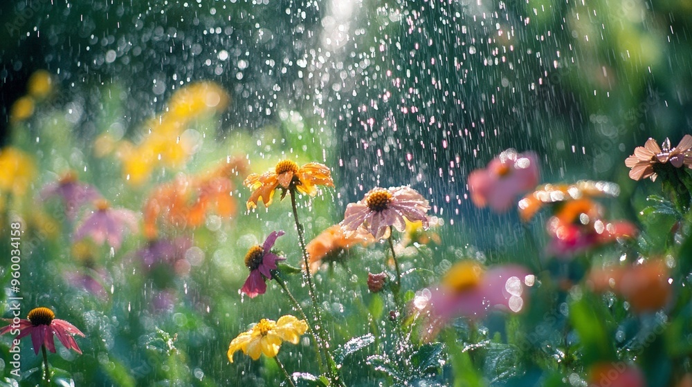 A gentle rain falls on a blooming garden, each droplet adding to the vibrant colors of the flowers, artwork is enhanced by the fresh, life-giving water A gentle rain falls on a blooming garden, each droplet adding to the vibrant colors of the flowers, artwork is enhanced by the fresh, life-giving water