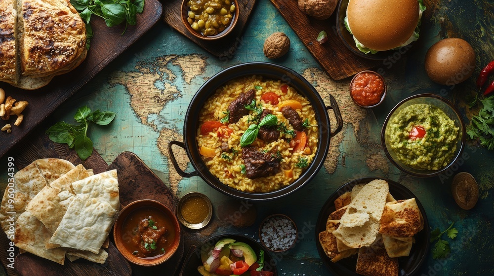 A global food tour featuring famous dishes such as Moroccan tagine, Italian risotto, A global food tour featuring famous dishes such as Moroccan tagine, Italian risotto,