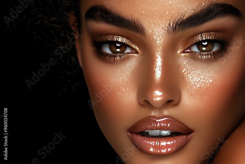 Stunning portrait highlighting beauty with radiant skin, captivating eyes, and glossy lips against a dark background.