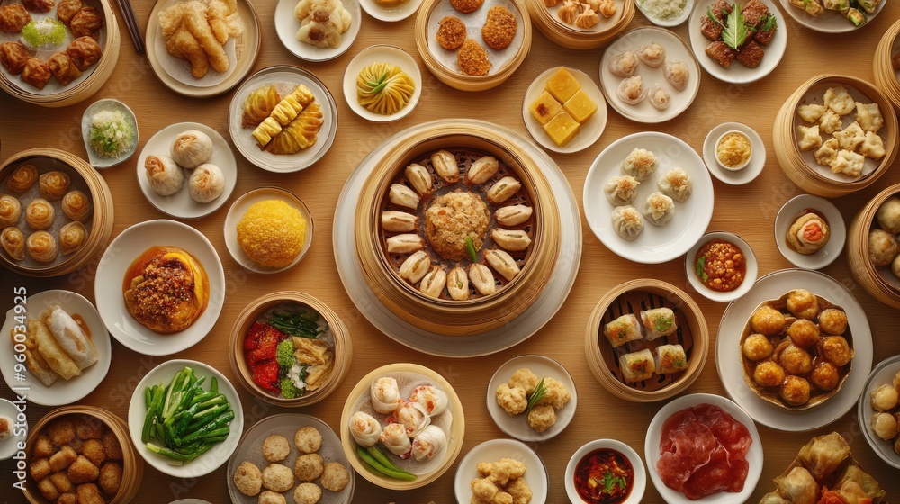 Dim sum banquet table, filled with various small dishes. Dim sum banquet table, filled with various small dishes.