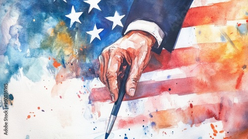 American Flag Watercolor Painting with Hand Holding Paintbrush. Election Day