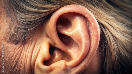 Macro shot of a human ear's intricate details, showcasing the curves of the auricle, ear canal, and delicate folds of the outer ear. photo