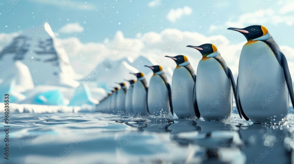 Obraz premium View of a penguin colony on ice flat design front view polar life theme 3D render vivid