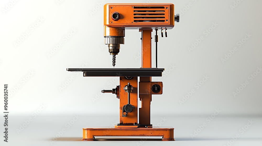 Fototapeta premium An orange drill press tool, essential for industrial workshops, stands ready for heavy-duty tasks.