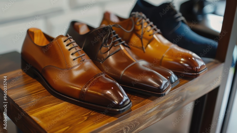 Elegant Brown Leather Dress Shoes on Wooden Floor Elegant Brown Leather Dress Shoes on Wooden Floor