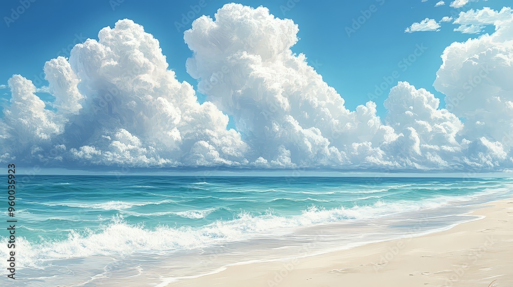serene beach with large, billowing clouds above, the clear blue water and soft sand creating a peaceful and inviting atmosphere for relaxation serene beach with large, billowing clouds above, the clear blue water and soft sand creating a peaceful and inviting atmosphere for relaxation