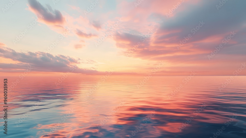 Fototapeta premium serene ocean under a sky painted with hues of pink and orange during a sunset, where the colors merge beautifully with the reflective water below