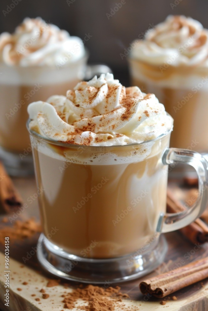Gourmet Cinnamon Spiced Latte with Whipped Cream in Clear Mugs. Slow Cooker Spiked Cinnamon Lattes Gourmet Cinnamon Spiced Latte with Whipped Cream in Clear Mugs. Slow Cooker Spiked Cinnamon Lattes