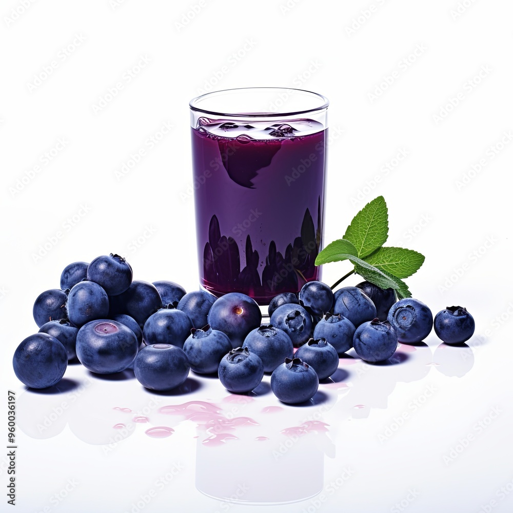 A close-up image of fresh blueberries and a glass full of blueberry juice on a white background. The blueberries are plump and juicy, and the juice has a rich, purple color. A close-up image of fresh blueberries and a glass full of blueberry juice on a white background. The blueberries are plump and juicy, and the juice has a rich, purple color.