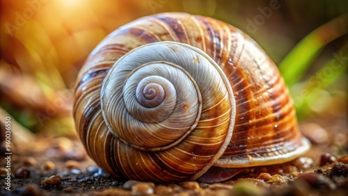 Macro view of a sluggish snail's ridged shell and delicate tentacles, showcasing intricate details and textures in soft, natural light against a blurred background.