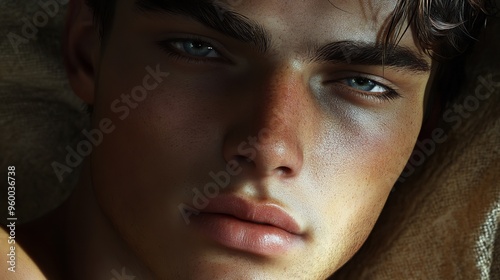 serious intense male model close-up with striking blue eyes and tousled hair, posing for camera