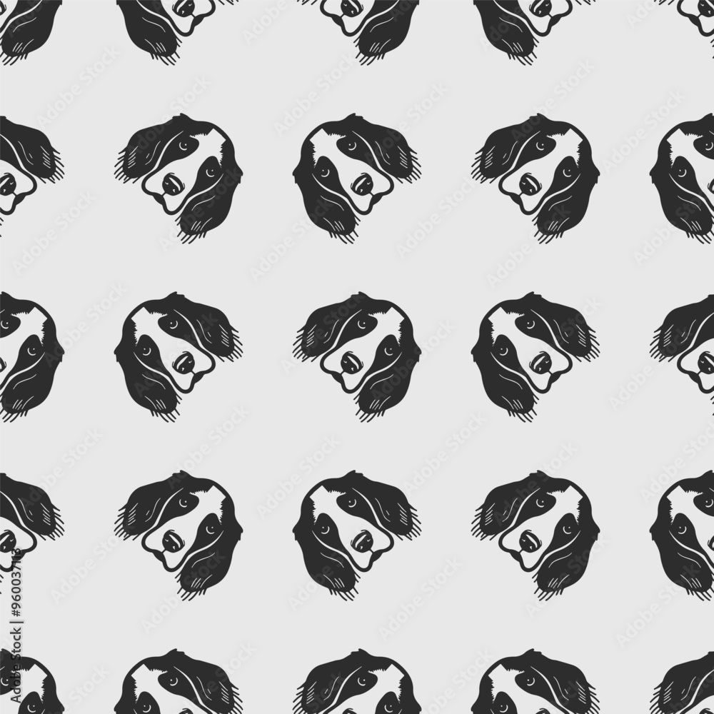 Seamless vector pattern with cute draw english springer spaniel dogs and dog food., paws. Simple doodle style. Seamless vector pattern with cute draw english springer spaniel dogs and dog food., paws. Simple doodle style.