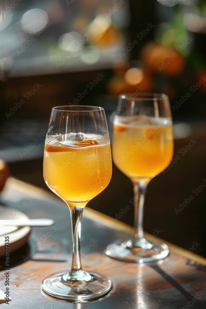 Refreshing Aperitif Cocktails in Elegant Stem Glasses. Mezcal Cider Spritz Refreshing Aperitif Cocktails in Elegant Stem Glasses. Mezcal Cider Spritz