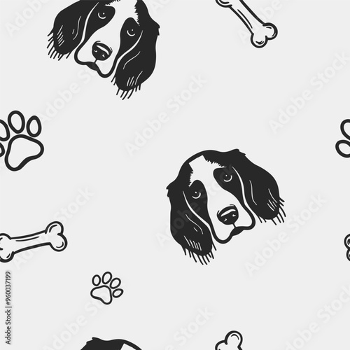 Seamless vector pattern with cute draw english springer spaniel dogs and dog food., paws. Simple doodle style.	