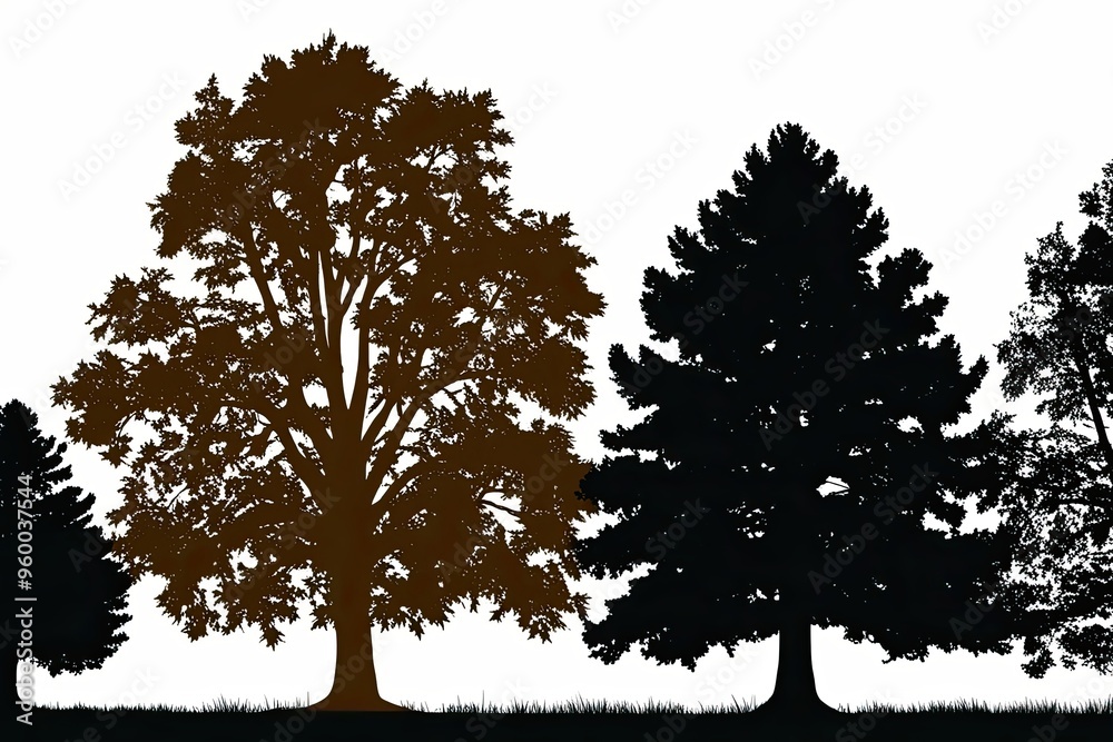 Fototapeta premium Silhouetted Oak and Maple Trees Against White Background