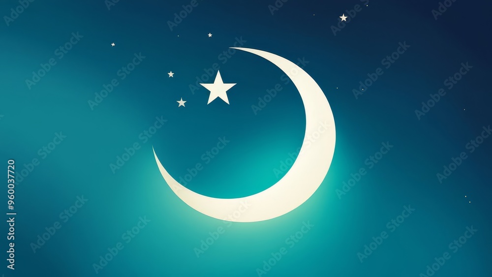A white crescent moon and star shine against a deep blue night sky with white stars. A white crescent moon and star shine against a deep blue night sky with white stars.