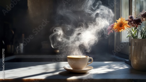 Soft wisps of smoke drift from a freshly brewed cup of coffee, filling the room with an inviting aroma and a sense of relaxation photo