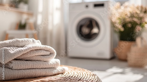 In a bright and sunlit room, neatly folded towels are placed on a wicker table, with a front-loading washing machine in the background, suggesting cleanliness. photo