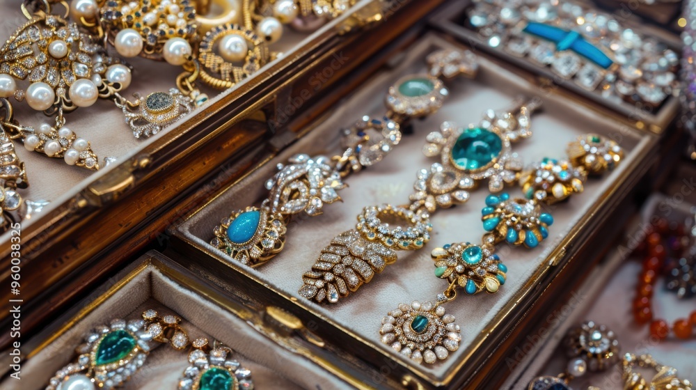 Luxurious Jewelry Display with Gemstones and Pearls