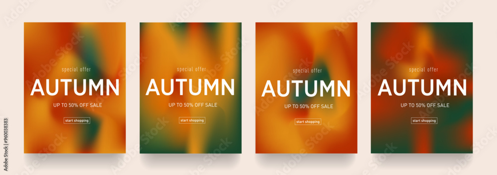 Autumn Gradient Design. Set Fluid Texture with Brown, Orange, Green, Red Colors. Background Retro Art for Advertising, Web, Social Media, Poster, Banner, Cover. Sale offer 50%. Vector Illustration