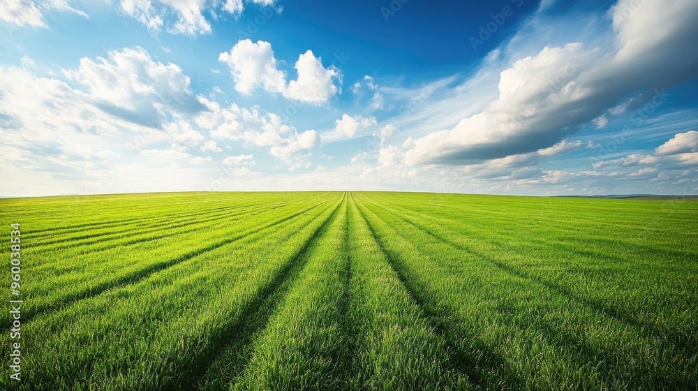 Expansive alfalfa field with freshly cut grass, leading to a wide-open sky, creating a calm and tranquil agricultural backdrop. Expansive alfalfa field with freshly cut grass, leading to a wide-open sky, creating a calm and tranquil agricultural backdrop.