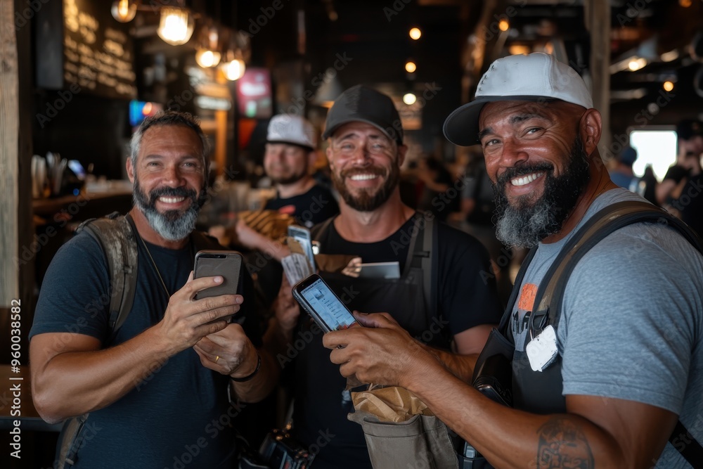 Three smiling men in a lively bar environment hold their phones, representing friendship, connectivity, and the joyous moments shared in social gatherings. Three smiling men in a lively bar environment hold their phones, representing friendship, connectivity, and the joyous moments shared in social gatherings.